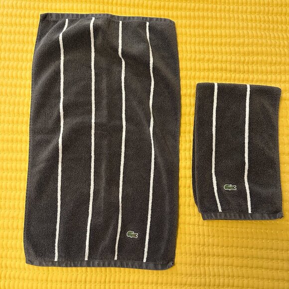 Pair of Lacoste hand towels, dark gray with white strips - Picture 1 of 9